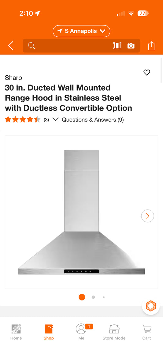 Sharp 30” Convertible Wall Mount Stainless Steel Range Hood