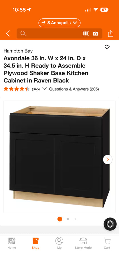 Hampton Bay 36” Black Ready to Assemble Base Kitchen Cabinet