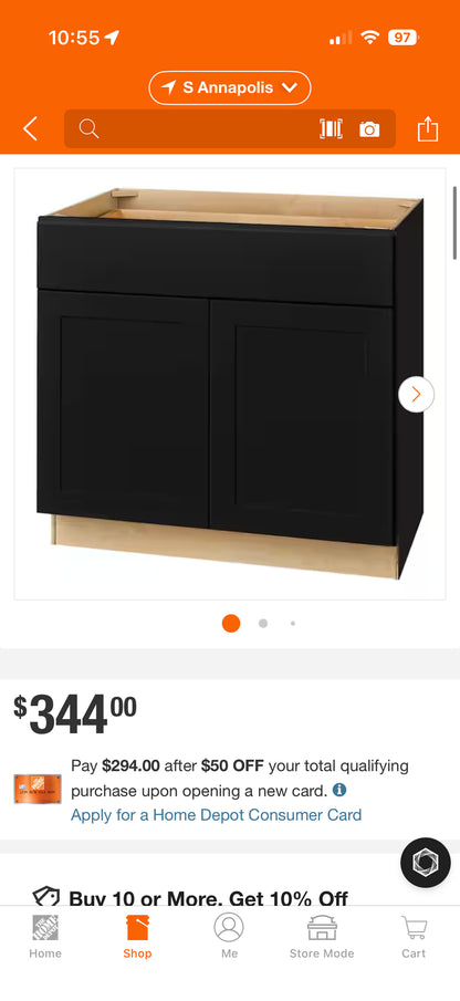 Hampton Bay 36” Black Ready to Assemble Base Kitchen Cabinet
