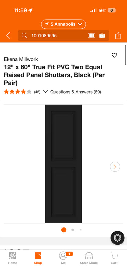 Ekena Millwork 12x60” PVC Raised Panel Shutters (2pk)