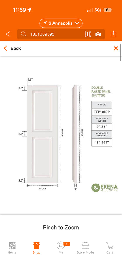 Ekena Millwork 12x60” PVC Raised Panel Shutters (2pk)