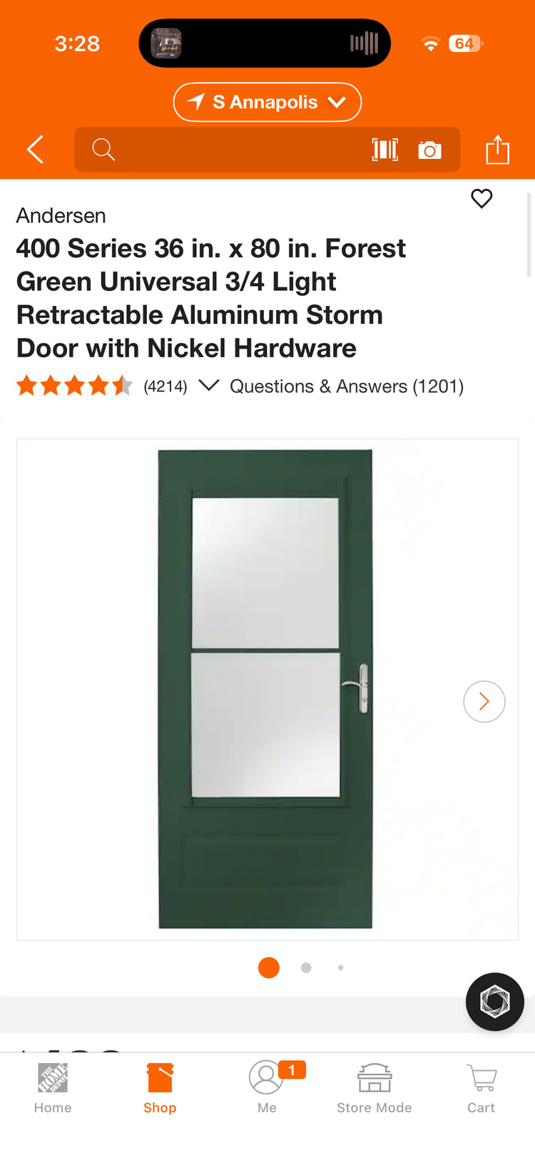 Anderson 400 Series 36x80” Forest Green 3/4” Light Storm Door