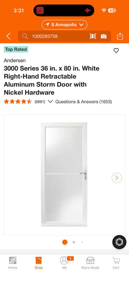 Anderson 3000 Series 36x80” White RH Retractable Storm Door