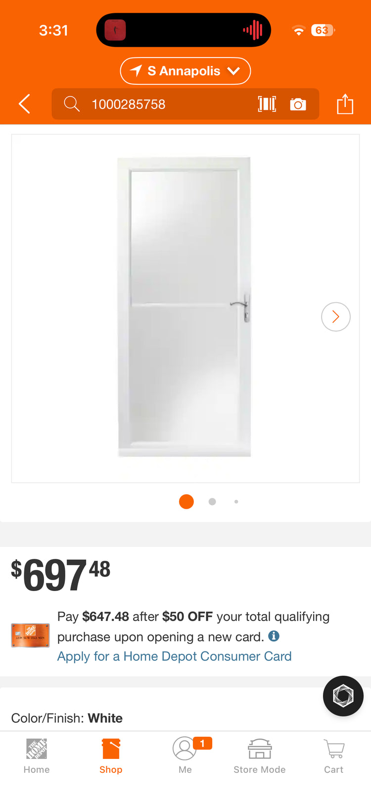 Anderson 3000 Series 36x80” White RH Retractable Storm Door