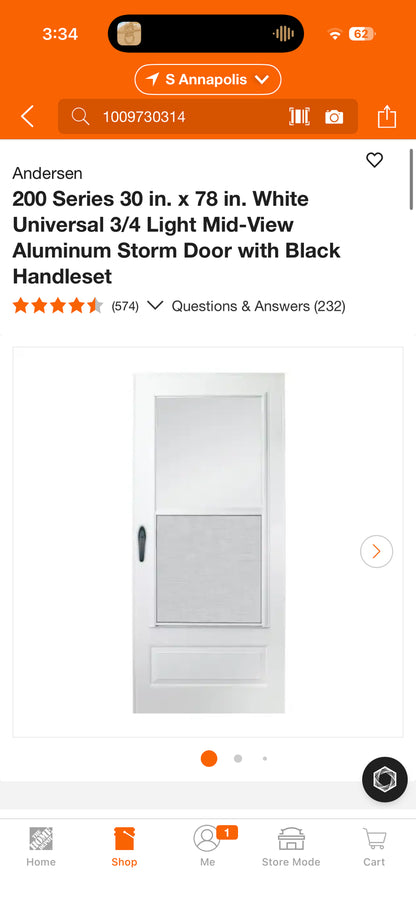 Anderson 200 Series 30x78” White Universal Storm Door