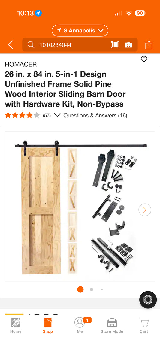 Homacer 26x84” Unfinished Solid Pine Wood Sliding Barn Door w/Kit