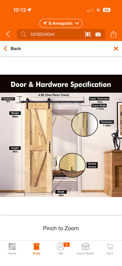 Homacer 26x84” Unfinished Solid Pine Wood Sliding Barn Door w/Kit
