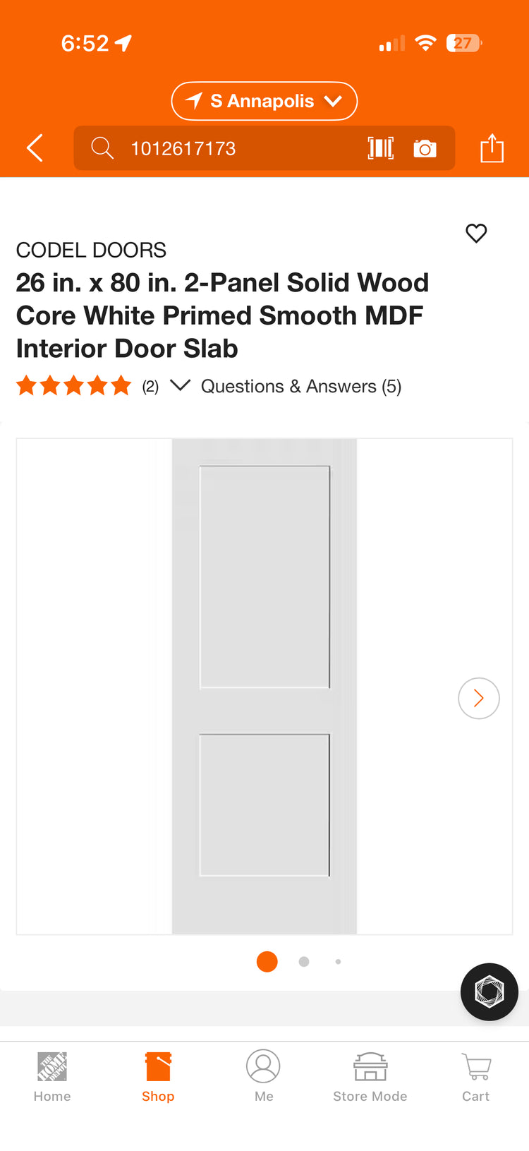 Codel Doors 26x80” 2-Panel Solid Wood Interior Door