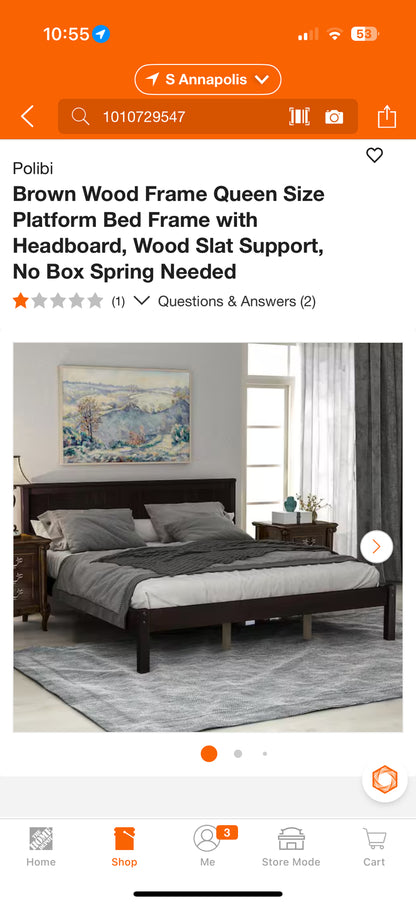 Polibi Brown Wood Queen Platform Bed Frame w/Headboard