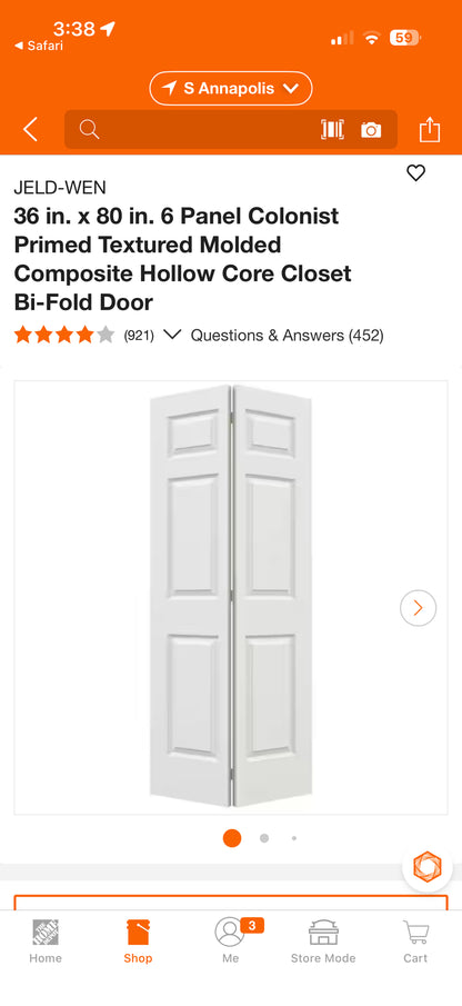 Jeld-Wen 36x80” 6-Panel Closet Bi-Fold Door