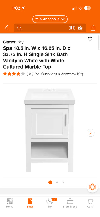 Glacier Bay Spa 18.5” Bath Vanity w/Top