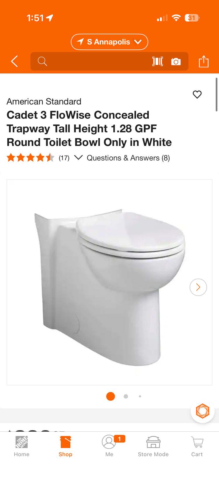 American Standard Cadet 3 FloWise Concealed Trapway Round Toilet