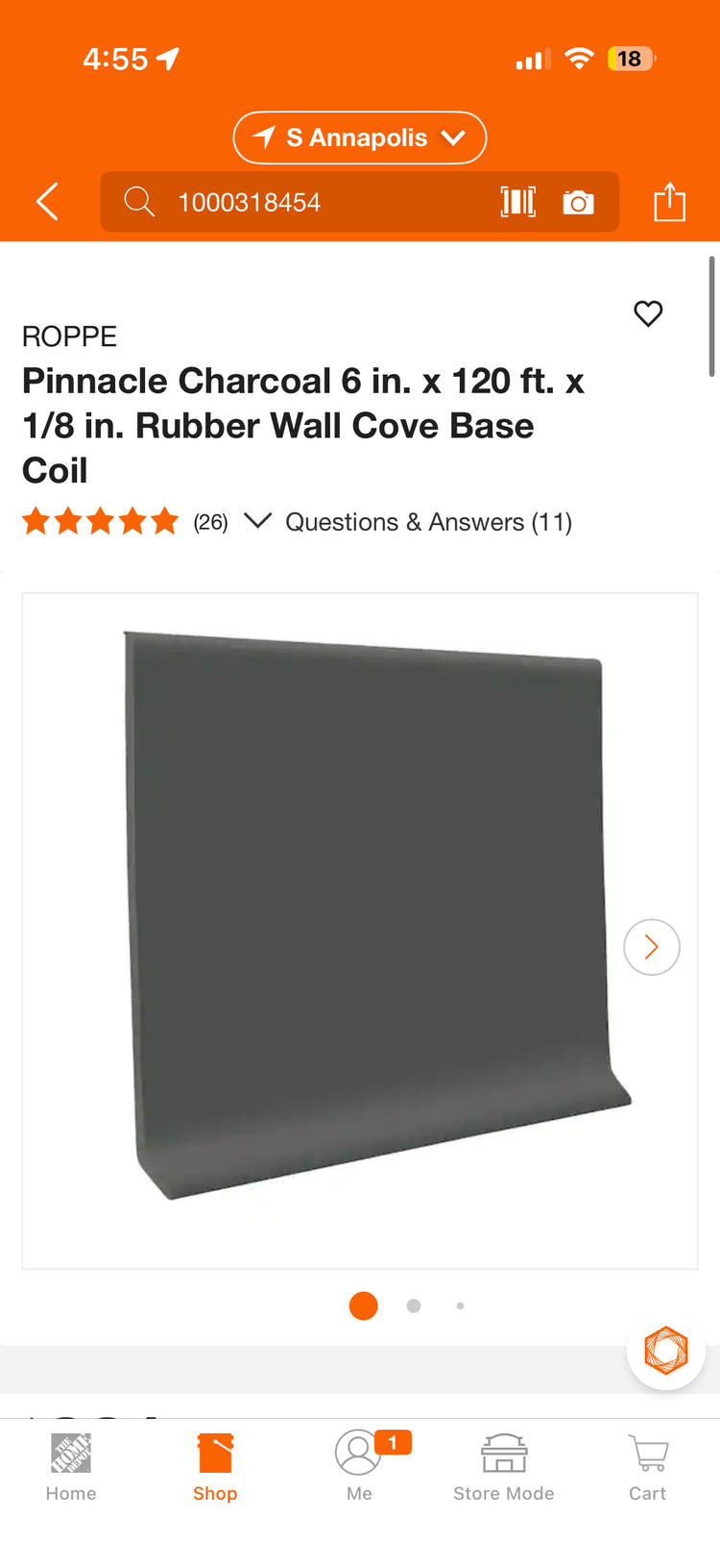 Roppe Pinnacle Charcoal 6” x 120ft x 1/8” Rubber Wall Cove Base Coil