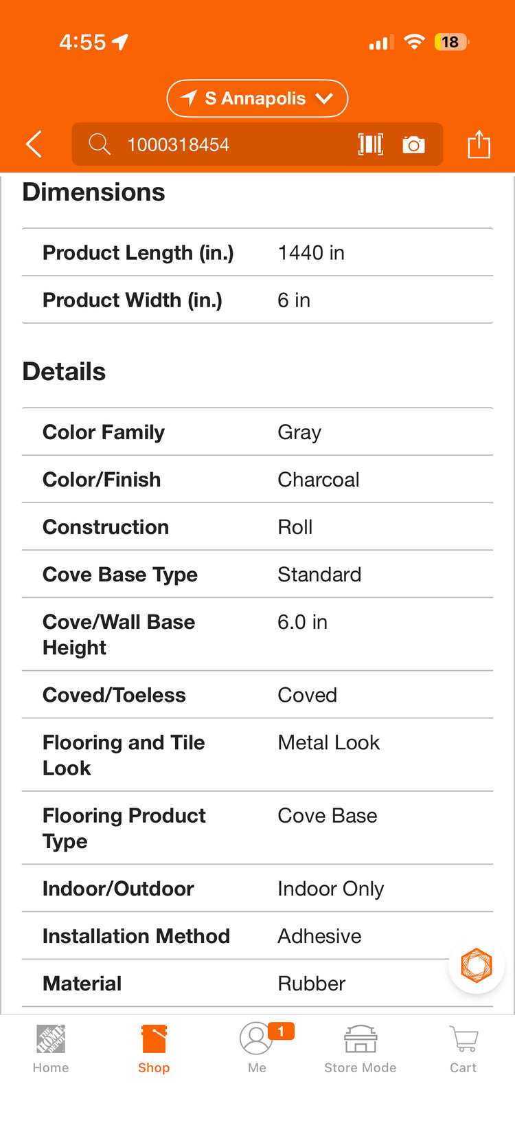Roppe Pinnacle Charcoal 6” x 120ft x 1/8” Rubber Wall Cove Base Coil
