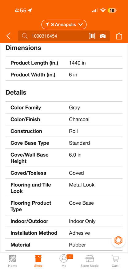 Roppe Pinnacle Charcoal 6” x 120ft x 1/8” Rubber Wall Cove Base Coil