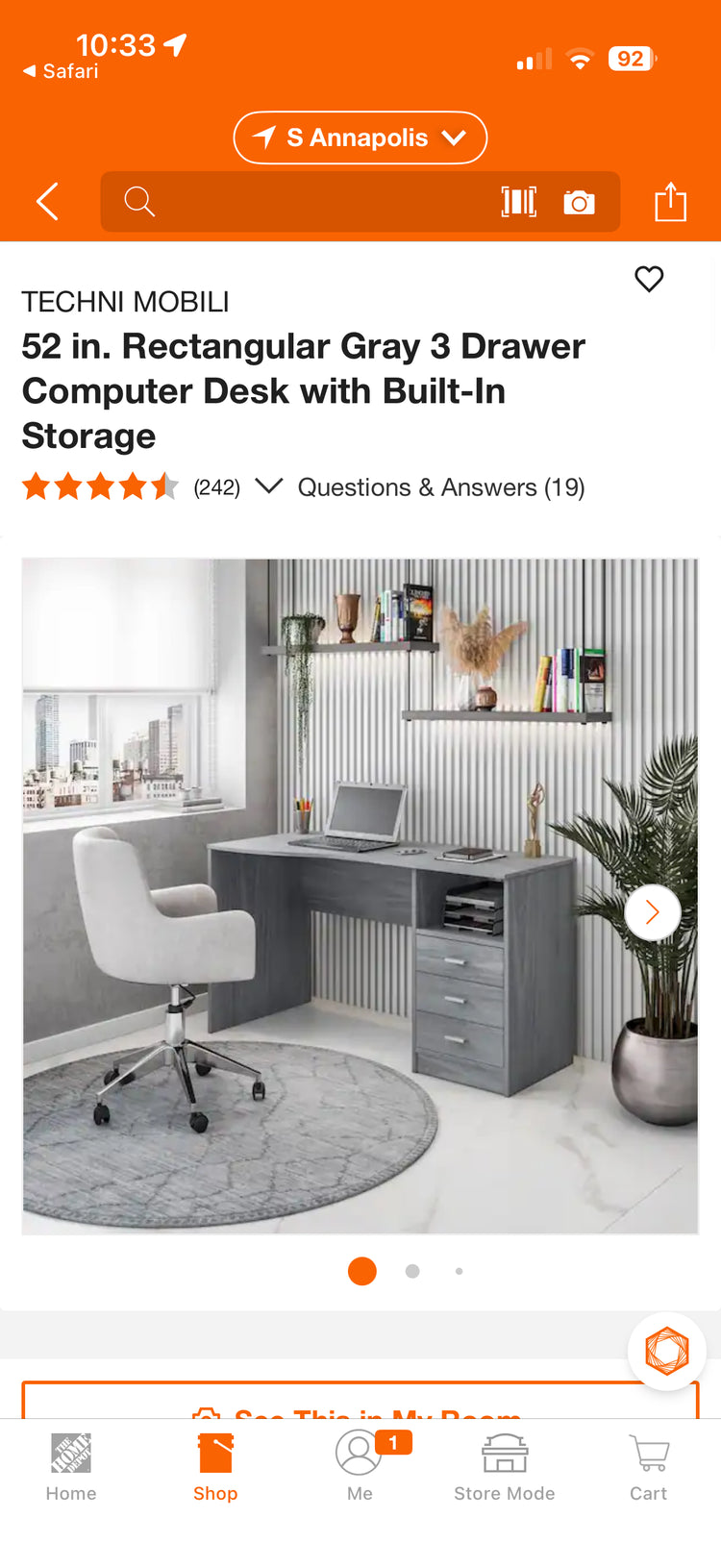 Techni Mobili 52” Gray 3-Drawer Computer Desk