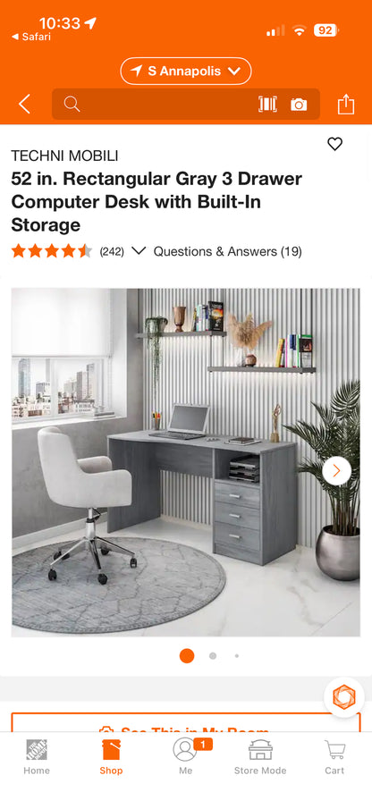 Techni Mobili 52” Gray 3-Drawer Computer Desk
