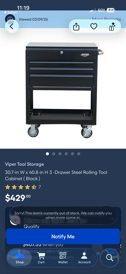 Viper 30.7” W x 40.8” H 3-Drawer Steel Rolling Tool Cabinet
