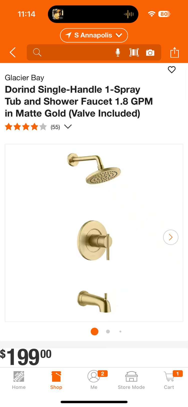 Glacier Bay Matte Gold 1-Spray Tub & Shower Faucet