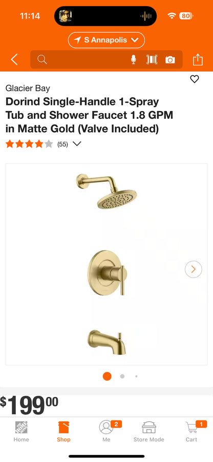 Glacier Bay Matte Gold 1-Spray Tub & Shower Faucet