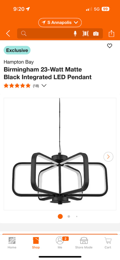 Hampton Bay Birmingham 23W Matte Black Integrated LED Pendant