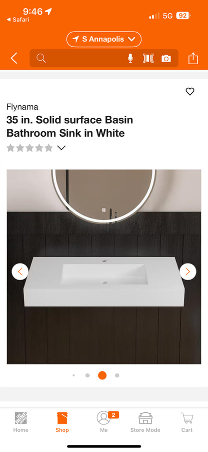 Flynama 35” Solid Surface Basin Bathroom Sink
